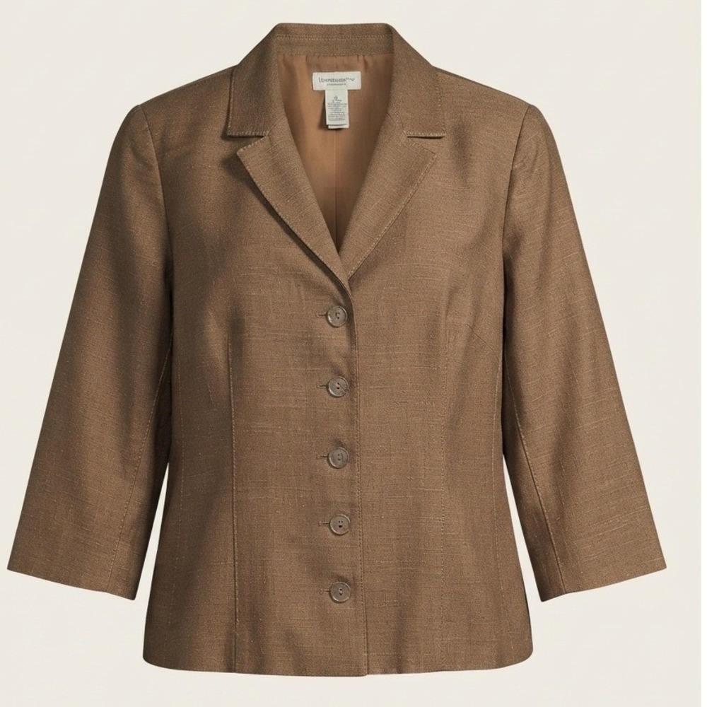 Liz Claiborne Brown Linen Blend Button Front Minimalist Preppy Blazer Size 16